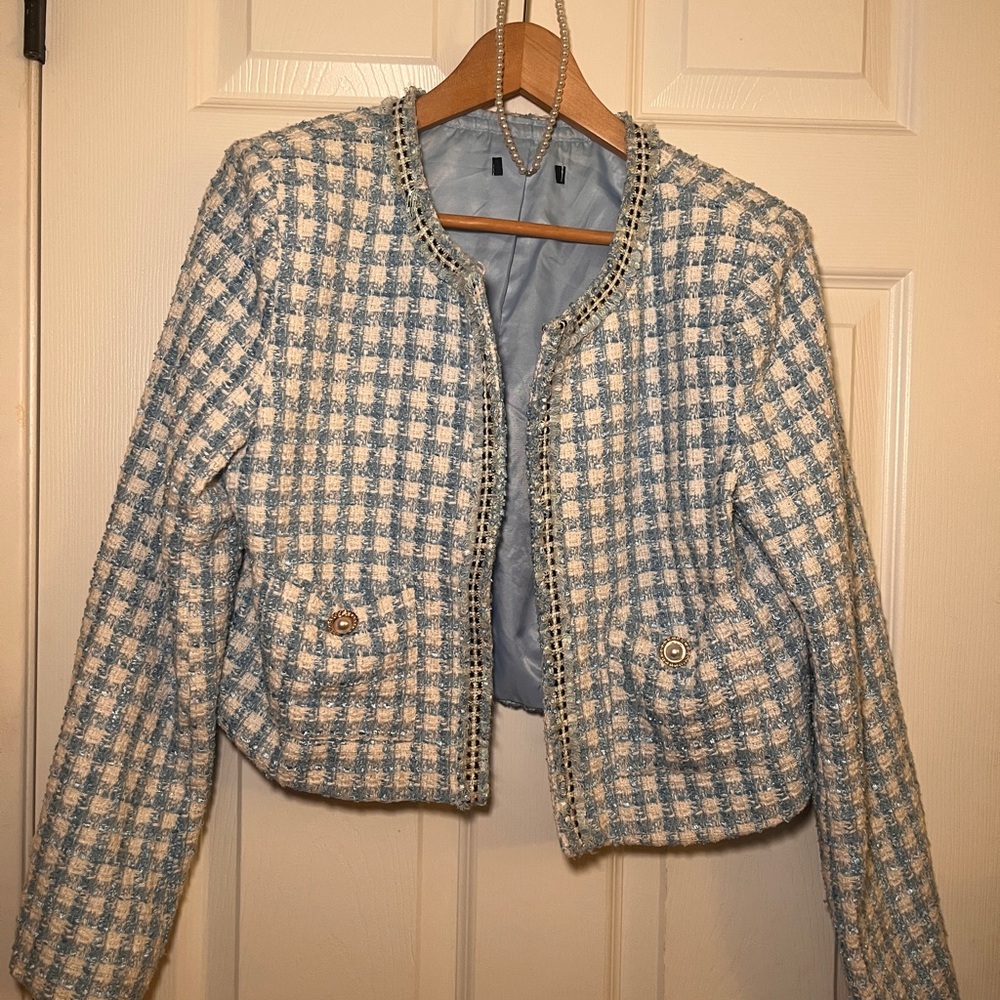 Chic Blue and White Tweed Women's Jacket